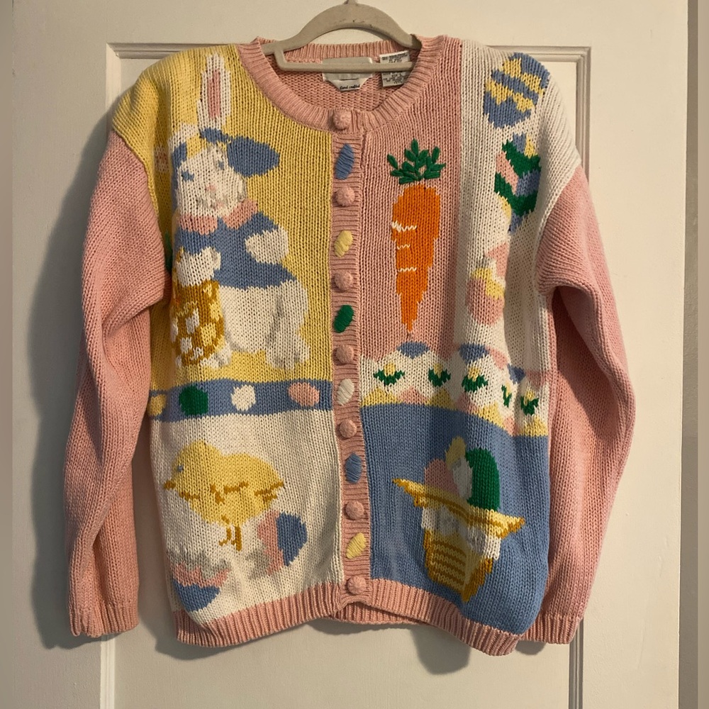 Alexandra Bartlett Pastel Easter Bunny Chicken Carrot Basket Cardigan Size L